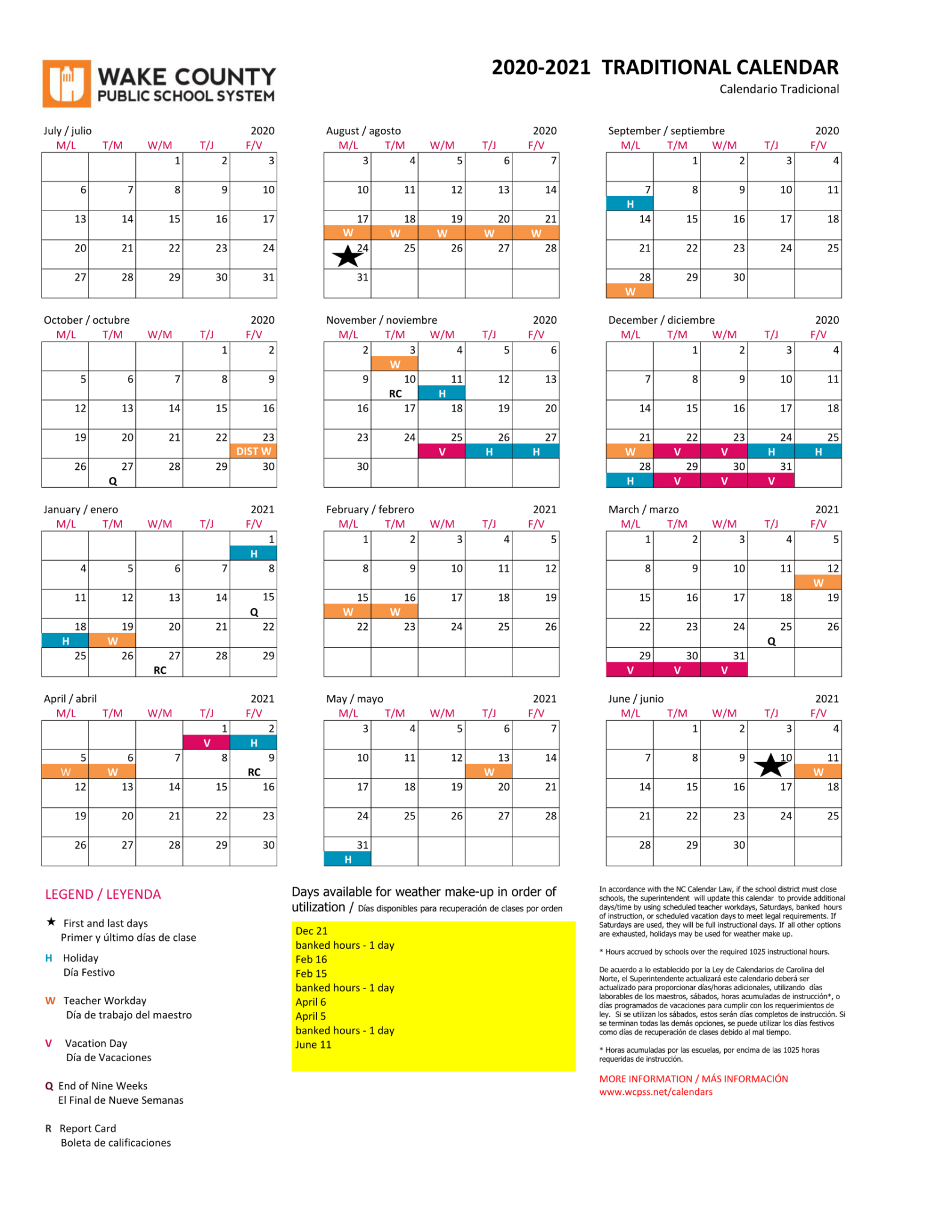 Wake County Public School Calendar County School Calendar