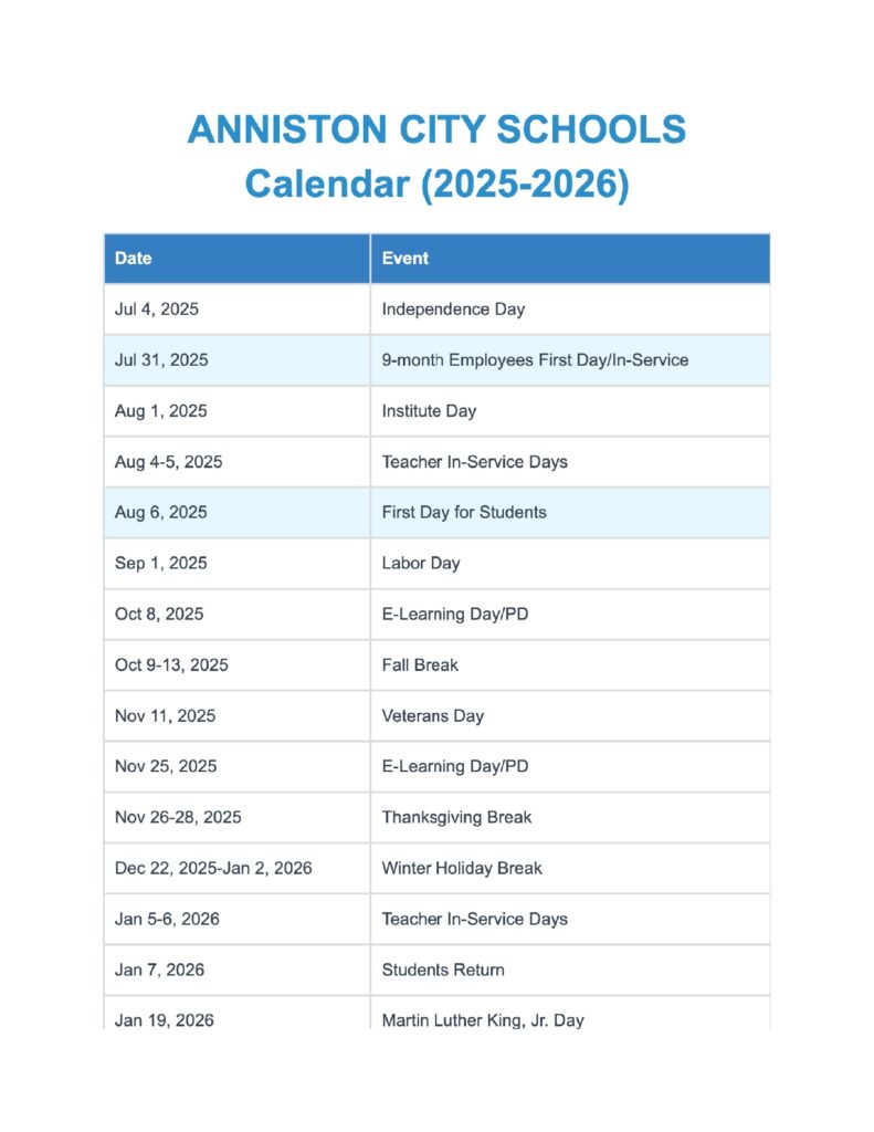 Anniston City School Holidays