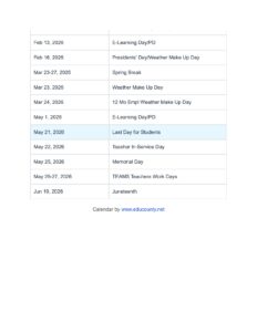 Anniston City School Holidays Calendar